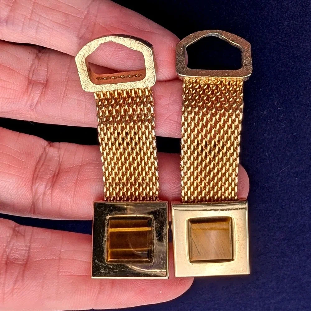 Vintage Gold Tone Mesh Wrap Around Cufflinks Tigers Eye Square Stone Men's